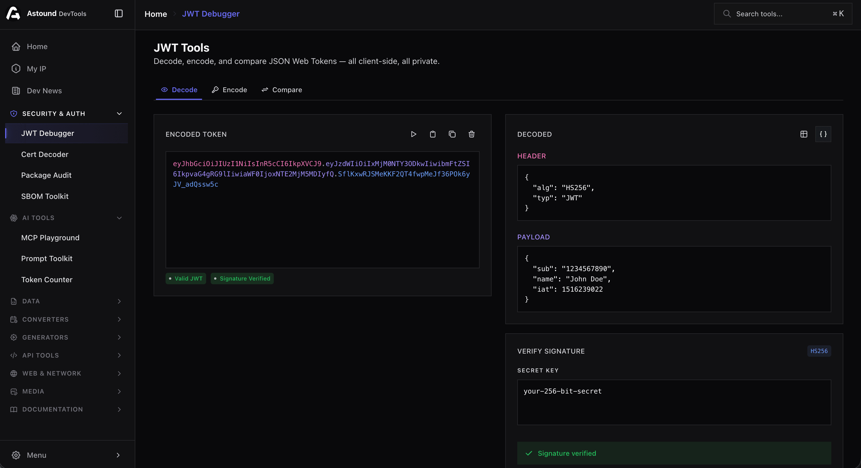 Astound DevTools — JWT Debugger tool showing an encoded JWT token being decoded into its header and payload sections, with signature verification, all running client-side in the browser